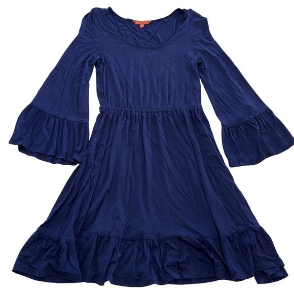 ModCloth Dress Womens XS Navy Blue Flare Bell Sleeve Ruffle Hem Rayon Stretch - Picture 1 of 6